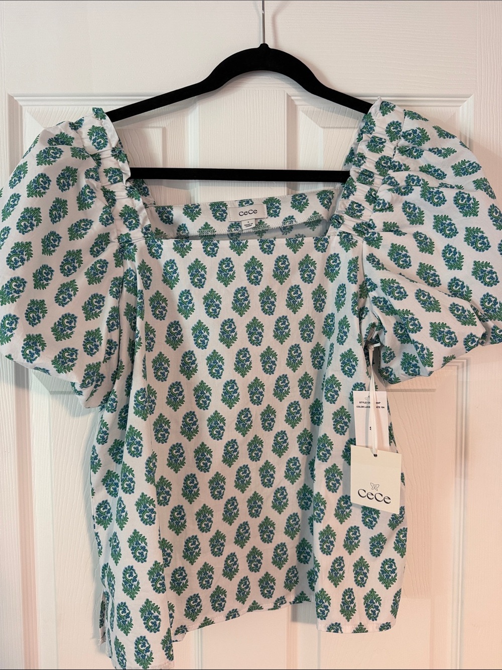 CeCe White Top with Green Floral Print and Puff Sleeves